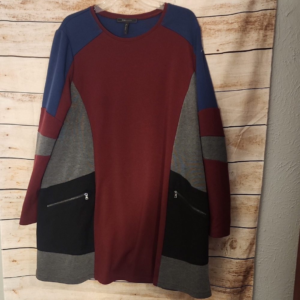 BCBGMaxAzria Burgundy and Blue Long Sleeve Dress